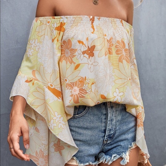 Boho Floral Print Off Shoulder Shirred Top Blouse - Picture 7 of 17